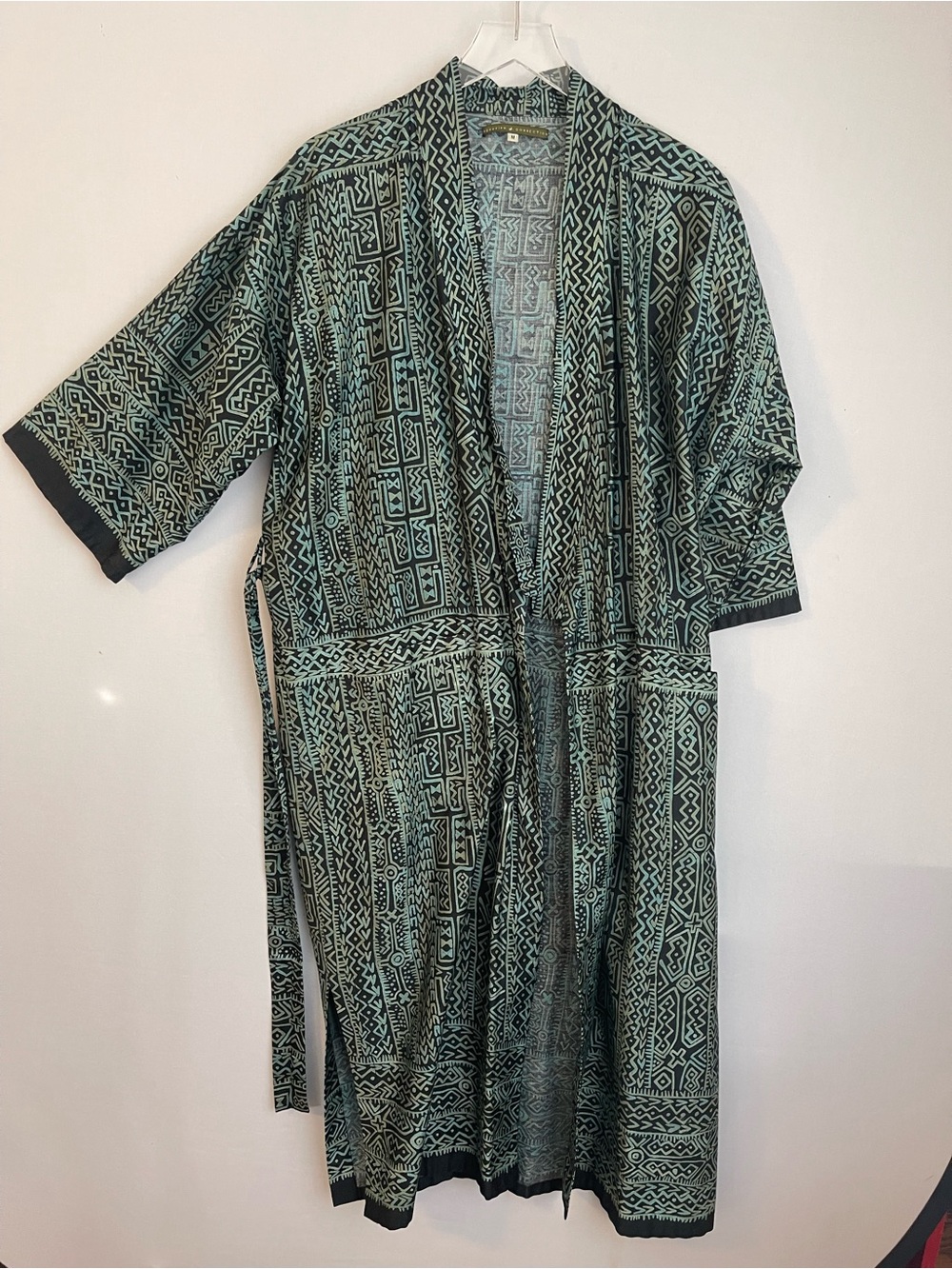 Peruvian Connection Pima Cotton Teal Tribal Print Robe Kimono M
